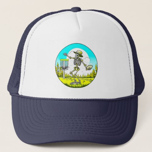 Skeleton Playing Disc Golf Trucker Hat