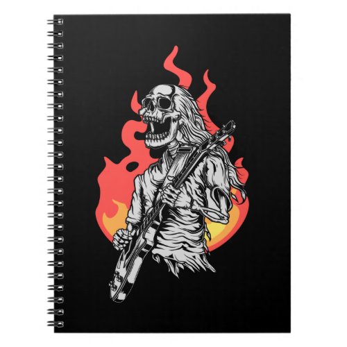 Skeleton playing electric Guitar Flames Rock Music Notebook