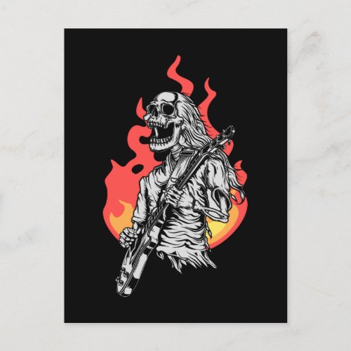 Skeleton playing electric Guitar Flames Rock Music Postcard