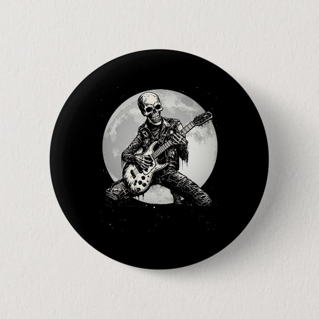 Skeleton Playing Guitar Punk Rock Music Halloween  Button (Front)