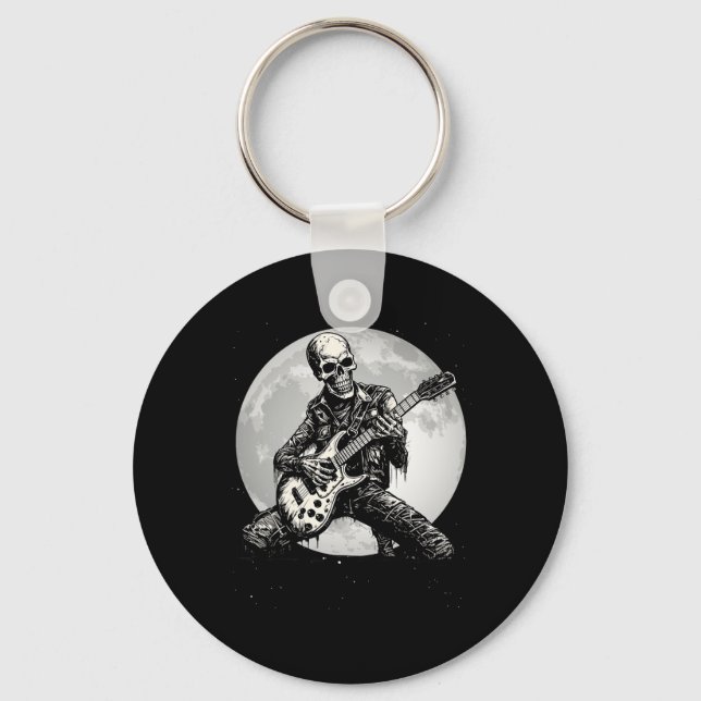 Skeleton Playing Guitar Punk Rock Music Halloween  Keychain (Front)