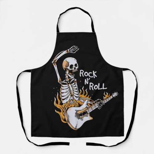 Skeleton playing guitar with fire apron