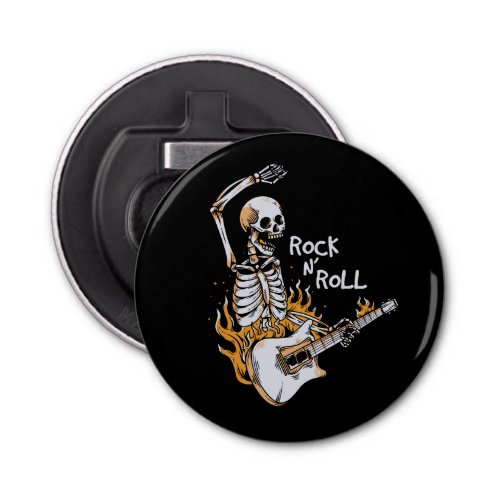 Skeleton playing guitar with fire bottle opener