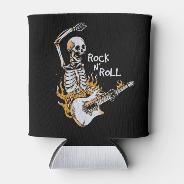 Skeleton playing guitar with fire can cooler (Front)