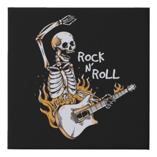 Skeleton playing guitar with fire faux canvas print