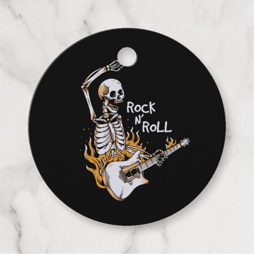 Skeleton playing guitar with fire favor tags
