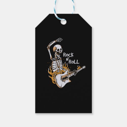 Skeleton playing guitar with fire gift tags