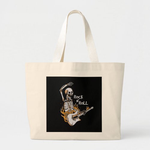 Skeleton playing guitar with fire large tote bag