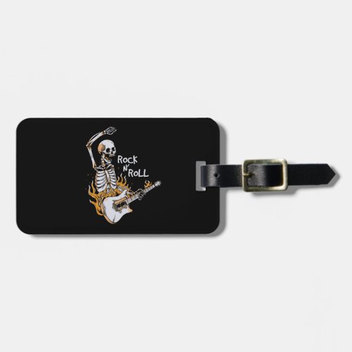Skeleton playing guitar with fire luggage tag