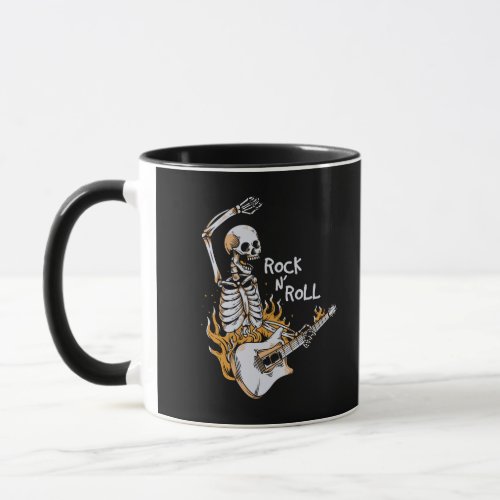 Skeleton playing guitar with fire mug