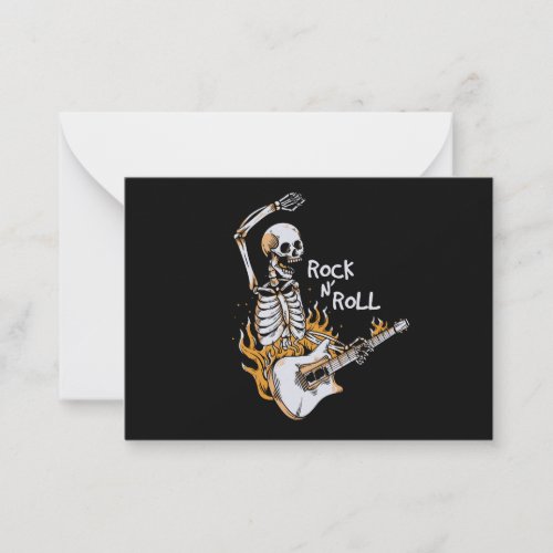 Skeleton playing guitar with fire note card