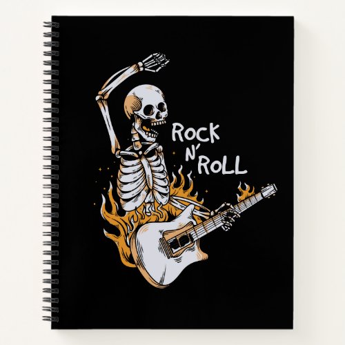 Skeleton playing guitar with fire notebook