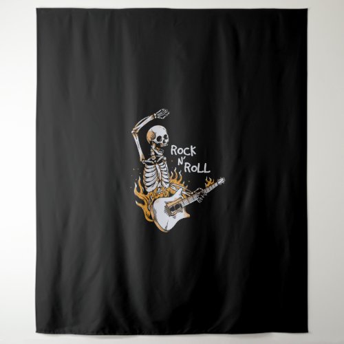 Skeleton playing guitar with fire tapestry