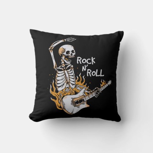 Skeleton playing guitar with fire throw pillow