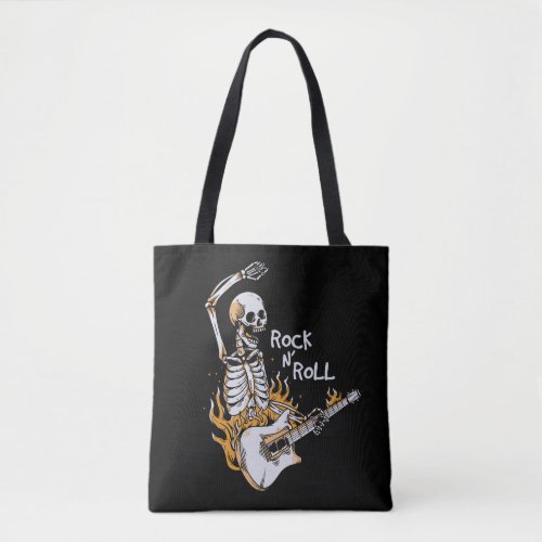 Skeleton playing guitar with fire tote bag