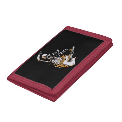 Skeleton playing guitar with fire trifold wallet