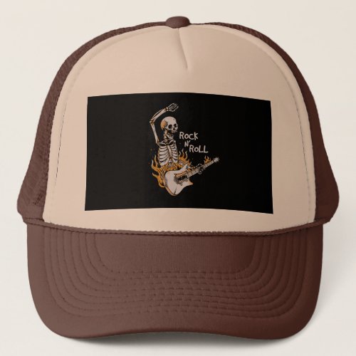 Skeleton playing guitar with fire trucker hat
