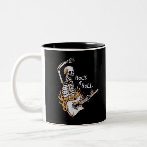 Skeleton playing guitar with fire Two_Tone coffee mug