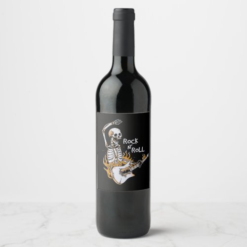 Skeleton playing guitar with fire wine label