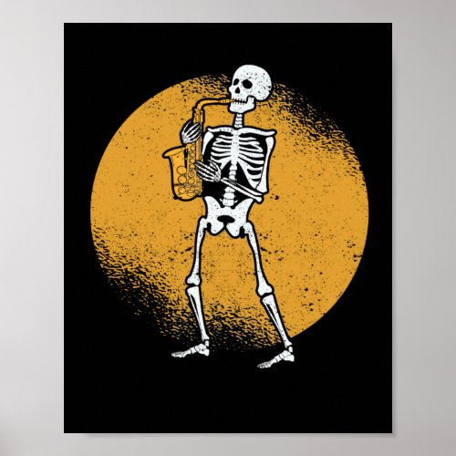 Skeleton playing saxophone jazz halloween music poster