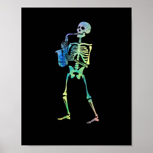 Skeleton playing saxophone jazz halloween music poster (Front)