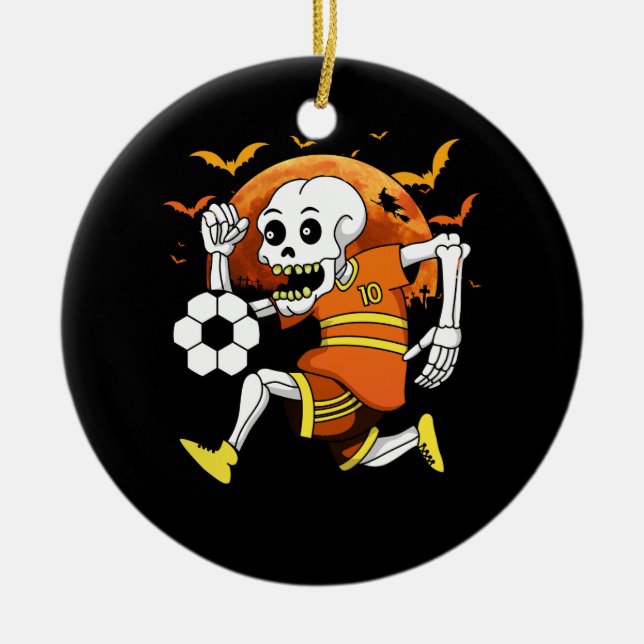 Skeleton Playing Soccer Funny Halloween Soccer Spo Ceramic Ornament (Front)
