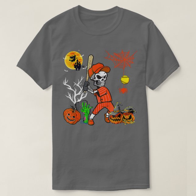 Skeleton Playing Softball Pumpkin Player Lover Hal T-Shirt (Design Front)