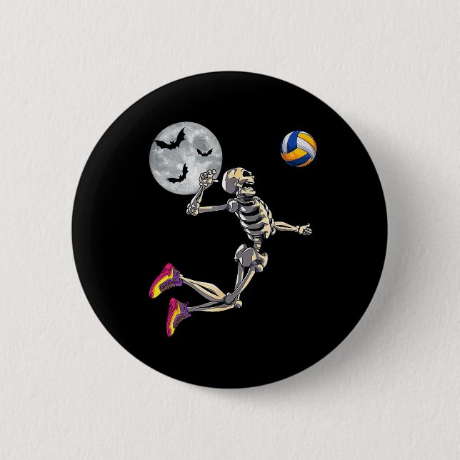 Skeleton Playing Volleyball Happy Halloween Day Bo Button (Front)