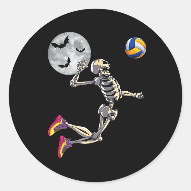 Skeleton Playing Volleyball Happy Halloween Day Bo Classic Round Sticker (Front)