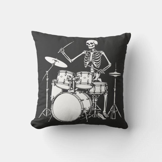 Skeleton plays the drums in rock band throw pillow (Front)