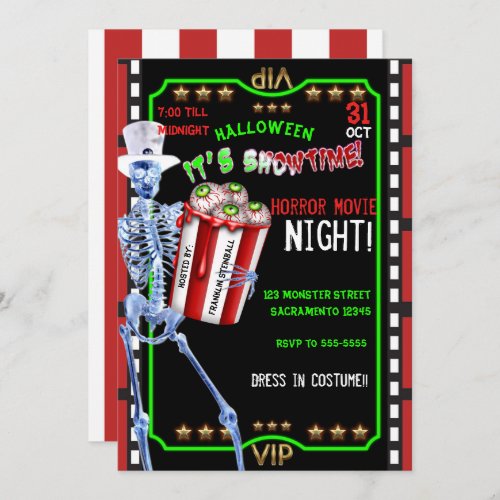 Skeleton Popcorn Eyeballs Halloween Movie Night Invitation