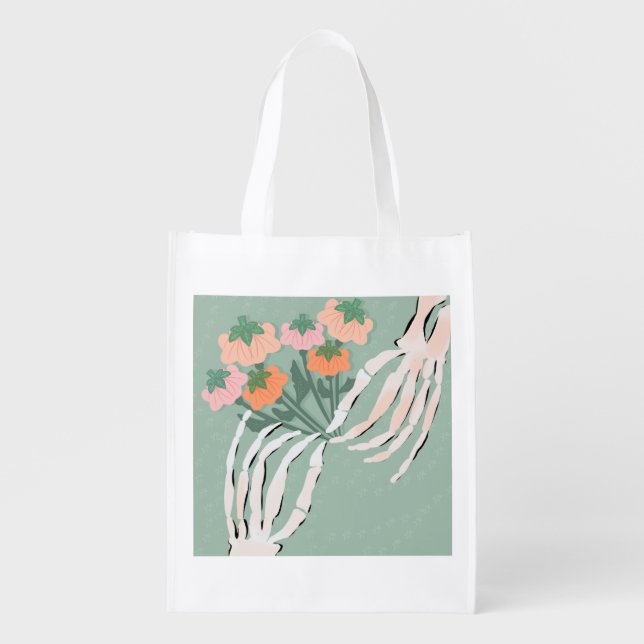 Skeleton Pumpkin Bouquet Halloween      Grocery Bag (Front)