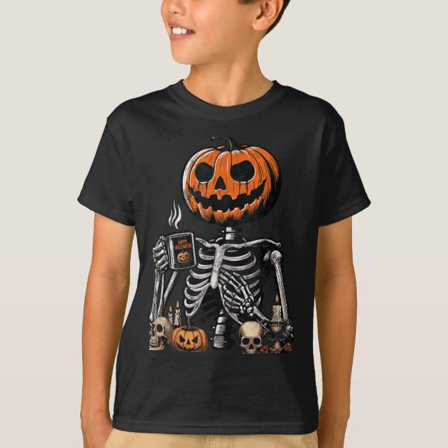Skeleton Pumpkin Coffee Drinking Funny Halloween T-Shirt (Front)
