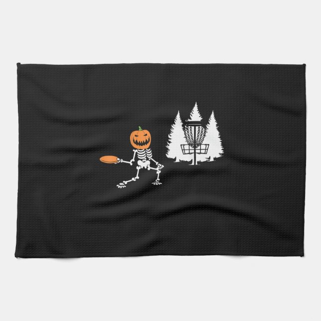 Skeleton Pumpkin Head Disc Golf Player Halloween Kitchen Towel (Horizontal)