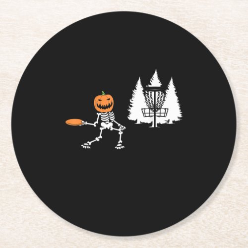 Skeleton Pumpkin Head Disc Golf Player Halloween Round Paper Coaster