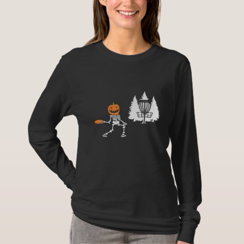 Skeleton Pumpkin Head Disc Golf Player Halloween T_Shirt