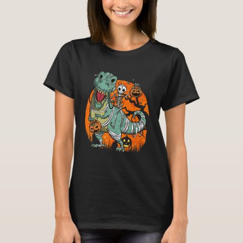  Skeleton Pumpkin Riding Mommy Dinosaur rex Hallow T_Shirt