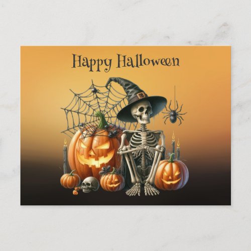 Skeleton Pumpkins Halloween Postcard