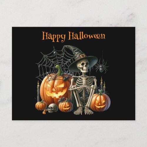 Skeleton Pumpkins Halloween Postcard