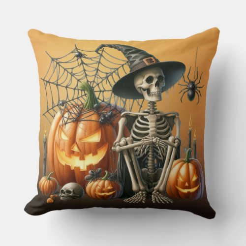Skeleton Pumpkins Halloween Throw Pillow