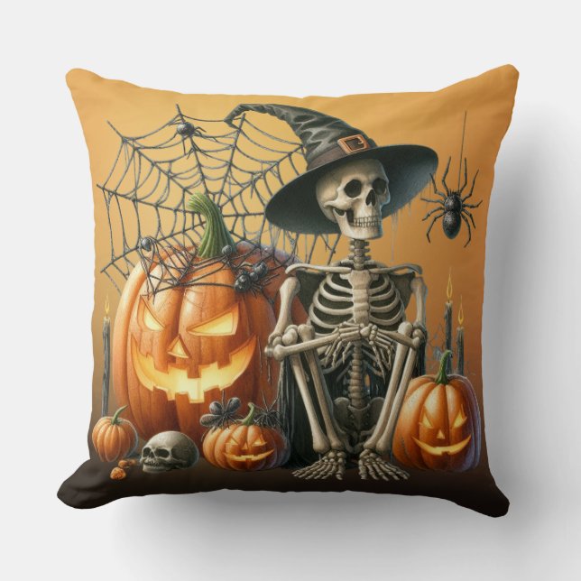 Skeleton Pumpkins Halloween Throw Pillow (Front)