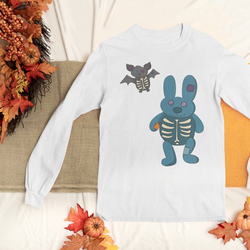 Skeleton Rabbit and Bat Cute Halloween Graphic T_Shirt