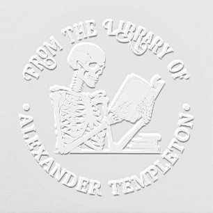 Skeleton Reading a Book Library Book Name Embosser