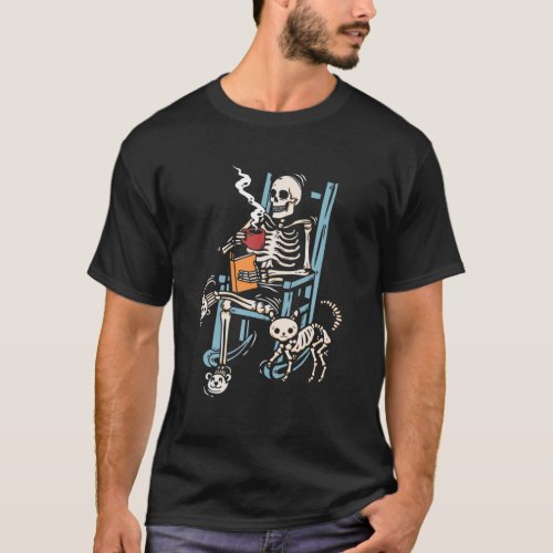 Skeleton Reading Book Drinking Coffee Cat Spooky H T_Shirt