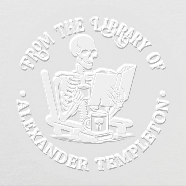Skeleton Reading Drinking Coffee Library Book Name Embosser (Design)
