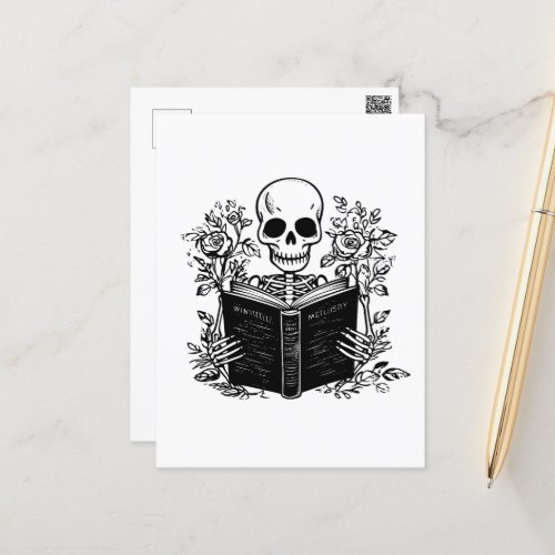 Skeleton reading romance book postcard