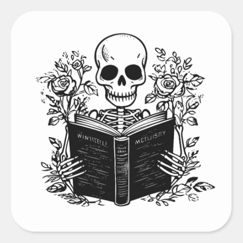 Skeleton reading romance book square sticker