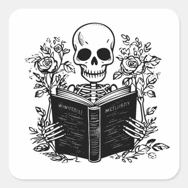 Skeleton reading romance book square sticker (Front)