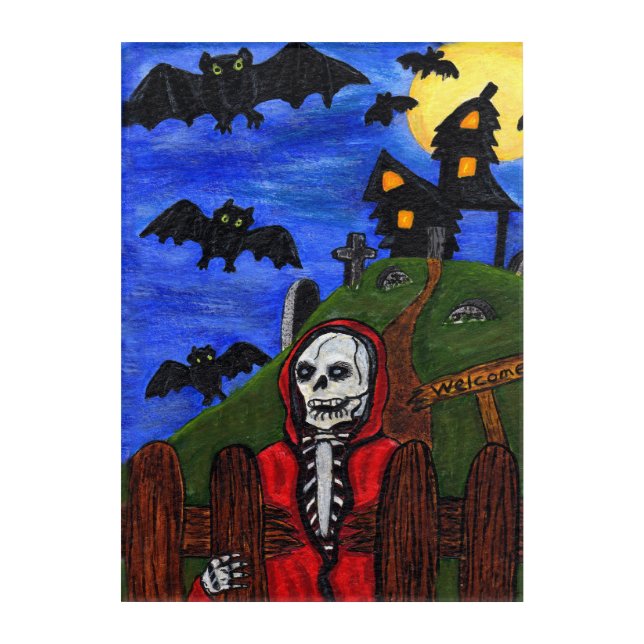 Skeleton Red Cape in Front of Haunted House Bats Acrylic Print (Front)