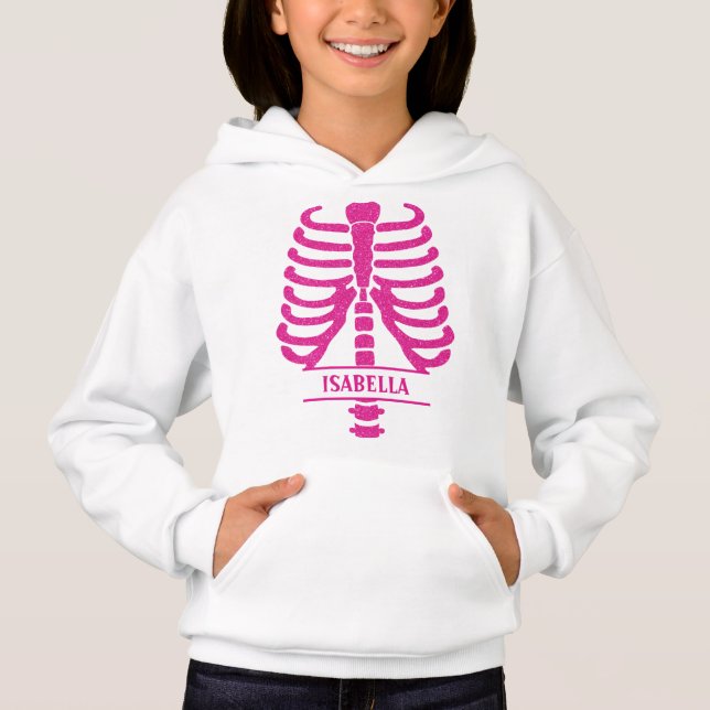 Skeleton Ribs Hot Pink Glitter Monogrammed Hoodie (Front)